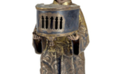 NORTHERN EUROPEAN, PROBABLY GERMAN, LATE 16TH CENTURY, A GILT COPPER AND POLYCHROME FIGURE OF A STANDING MALE SAINT