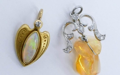 2pc Edwardian Diamond & Opal Pendants