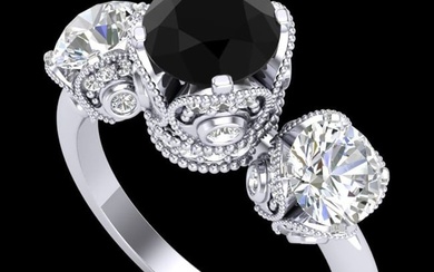 3 ctw Fancy Black Diamond Art Deco 3 Stone Ring 18k White Gold
