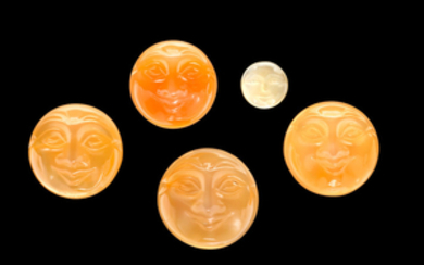 Five Carved Orange Moonstones--"The Man in the Moon"