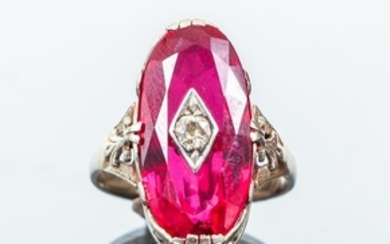 14 K Synthetic Ruby and Diamond Art Deco Ring