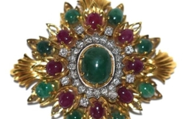 18kt yellow gold diamonds emerald & ruby Cabochon