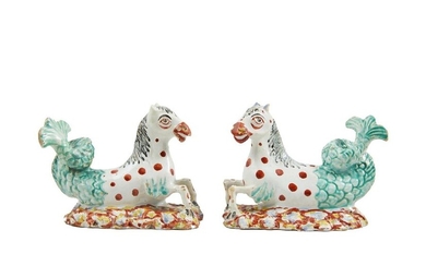 36-Delft: rare pair of sea horses in polychrome faience of...