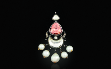 AN ANTIQUE COLORED DIAMOND, DIAMOND AND NATURAL PEARL PENDANT