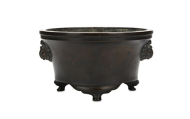 A CHINESE BRONZE TRIPOD CENSER. Of cylindrical section...