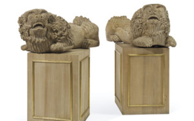 A PAIR OF CHINESE WOOD MODELS OF BUDDHIST LIONS, 20TH CENTURY
