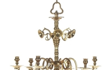 A Danish Baroque six-light brass chandelier with baluster shaped stem. 18th-19th century. H. 52. Diam. 56 cm.
