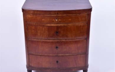 An Edwardian mahogany and inlaid bow-front chest with four graduated drawers on turned legs, 73 cm x 84 cm x 46 cm.