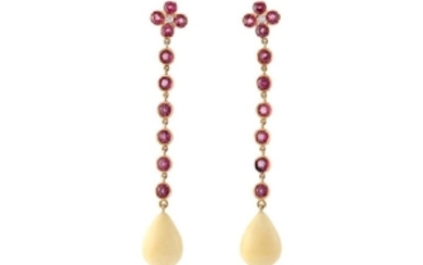 A pair of enamel, garnet and diamond earrings