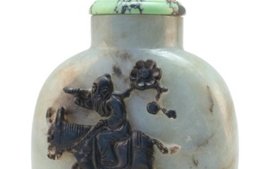 FINE BLACK AND GRAY JADE SNUFF BOTTLE In ovoid form, with relief depiction of Yuang Chen Yen searching for the first prunus of the y...