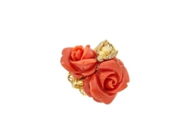 Gold, Carved Coral and Diamond Flower Ring, Christian Dior, France