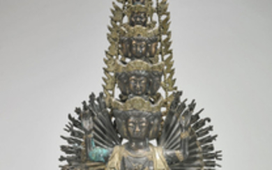 Large Tibeto-Chinese Parcel-Gilt Bronze Deity