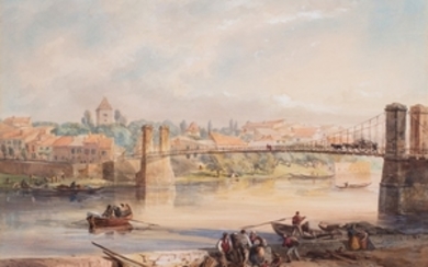 Luigi Premazzi (Milano 1814 - Istanbul 1891) VIEW OF A BRIDGE IN A CITY ALONG A RIVER