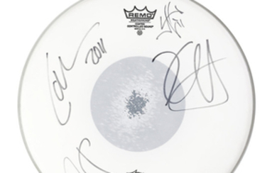 A Metallica band-signed, stage-used drum head, with band's inventory label