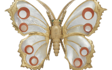 MOTHER-OF-PEARL, CORAL AND EMERALD BUTTERFLY BROOCH