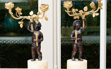 Paire de candélabres d'époque Napoléon III, en bronze patiné et doré