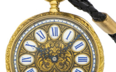 PATEK PHILIPPE "ST-GEORGE & THE DRAGON" POCKET WATCH YELLOW GOLD FOR SPANISH-SPEAKING MARKET A very fine and rare manual-winding 18K yellow gold pocket watch with enamel telephone dial, case back cover cast and chased with St. George and the dragon...