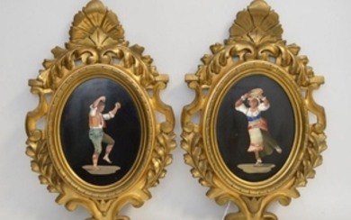 PAIR PIETRA DURA OVAL PLAQUES in carved giltwood frames