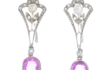 A pair of pink sapphire, seed pearl and diamond earrings.