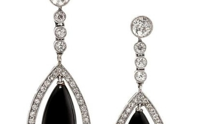 A Pair of Platinum, Diamond and Onyx Pendant Earrings