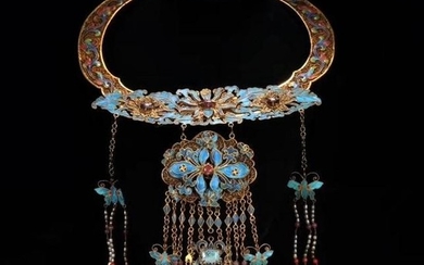 RARE QING DYN. GILT SILVER KINGFISHER NECKLACE