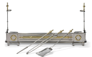 A REGENCY FENDER AND A SET OF THREE REGENCY STEEL AND BRASS FIRE-IRONS, EARLY 19TH CENTURY