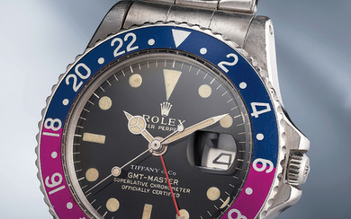 Rolex, Ref. 1675 inside caseback stamped II.65 A striking and extremely rare stainless steel automatic dual time wristwatch with center seconds, date, gilt/gloss dial, fuchsia bezel and bracelet