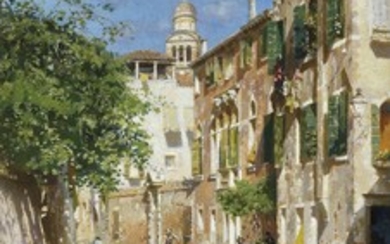 Rubens Santoro (Italian, 1859-1942), Gondoliers on a Venetian canal