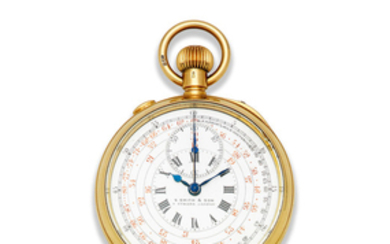 S. Smith and Son, 9 Strand, London. An 18K gold keyless wind open face split second chronograph pocket watch