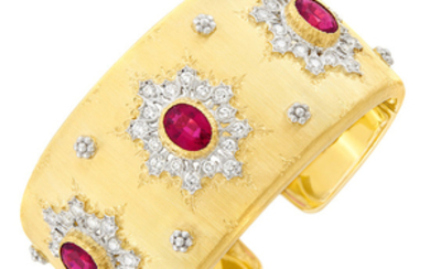 Two-Color Gold, Rubellite and Diamond Cuff Bangle Bracelet