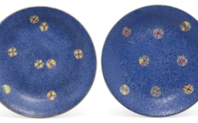 TWO FAMILLE ROSE BLUE-GROUND DISHES, 19TH CENTURY