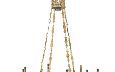 A French late 19th century gilt and patinated metal eight-light chandelier