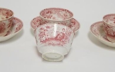 4 EARLY RED TRANSFER HANDLELESS CUPS W/ 3 DEEP SAUCERS