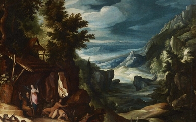 Flemish School 17th century - Mountain Landscape with the Temptation of Saint Anthony
