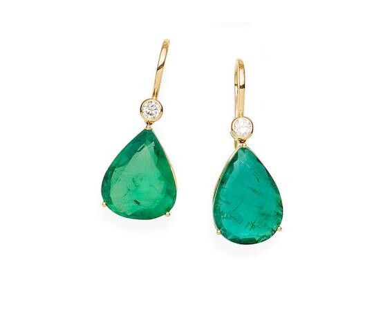 A pair of emerald and diamond pendant earrings