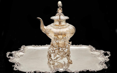 Highly important monumental silver tea kettle-on-stand and a serving tray from a service made for Grand Duchess Ekaterina Mikhailovna