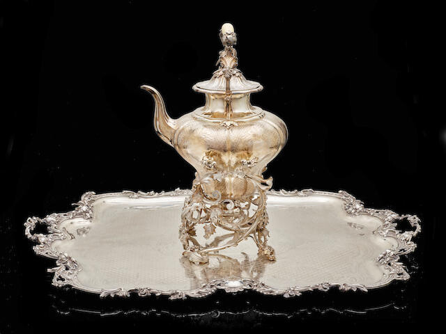 Highly important monumental silver tea kettle-on-stand and a serving tray from a service made for Grand Duchess Ekaterina Mikhailovna
