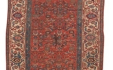 ORIENTAL RUG: BIDJAR 4'6" x 8'10" Red field with two columns of colorful Herati pattern in pink, yellow and cardamom. Blue and brown.