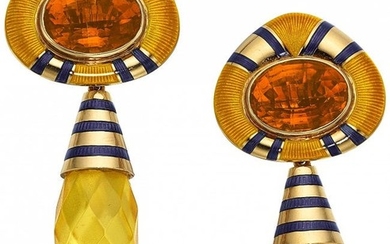 55036: Multi-Stone, Enamel, Gold Earrings, Elizabeth Ga