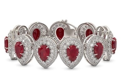 56.04 ctw Certified Ruby & Diamond Victorian Bracelet 14K White Gold
