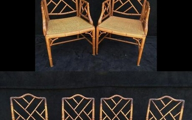 6 FAUX BAMBOO CANED SEAT CHAIRS ( ONE SEAT AS IS) 37"H