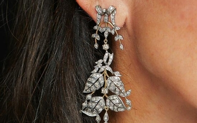 61 A pair of long Rose Leaves diamond and gold ear