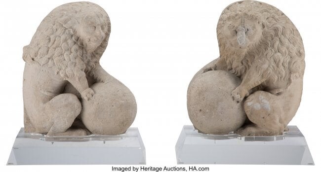 61036: A Pair of Northern Italian Carved Marble Lions w