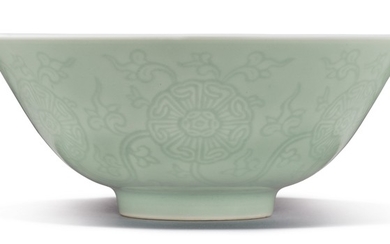 A FINE AND RARE INCISED CELADON-GLAZED 'FLORAL' BOWL YONGZHENG MARK AND PERIOD