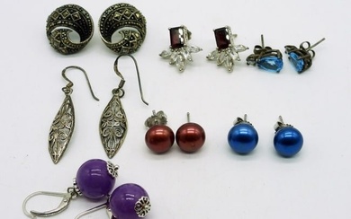 (7) Pair Gemstone Pearl Earrings 925