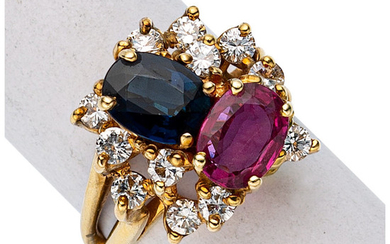 Sapphire, Diamond, Gold Ring The ring features an oval-shaped...
