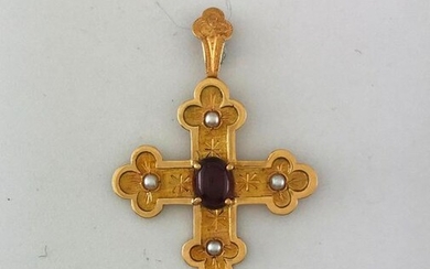 750°/°° gold pendant with a garnet cabochon and button pearl, Gross weight: 7,3g