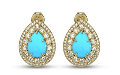 7.54 ctw Turquoise & Diamond Victorian Earrings 14K Yellow Gold