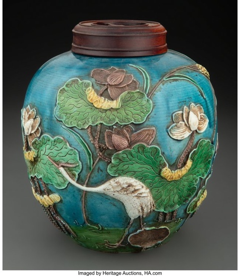 78036: A Chinese Glazed Porcelain Jar with Carved Hardw