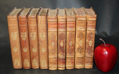 9 antique brown leather bound books
